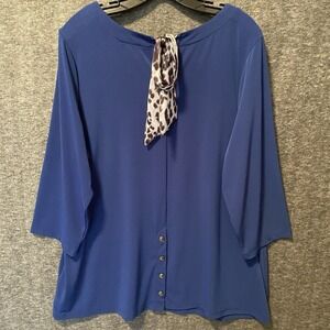 Susan Graver Top Womens Plus 2X Blue Liquid Knit Tie Button Accent Stretch Tunic